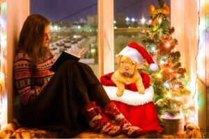 un cane sotto l'albero di natale